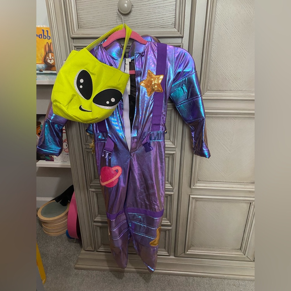 Pottery Barn Kids Shiny Purple Astronaut Costume with Alien Bag